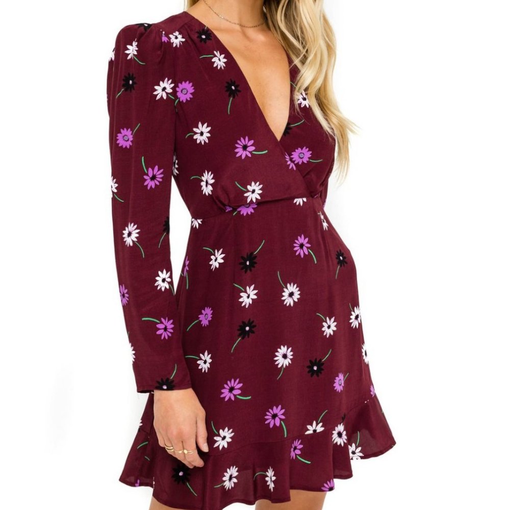 ASTR Women’s A-Line Wine Floral Dress Puff Sleeve